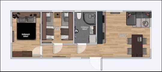 Huisindeling 3,5 x 10 m met meubilair - Woonkamer met keuken, badkamer, 2 slaapkamers